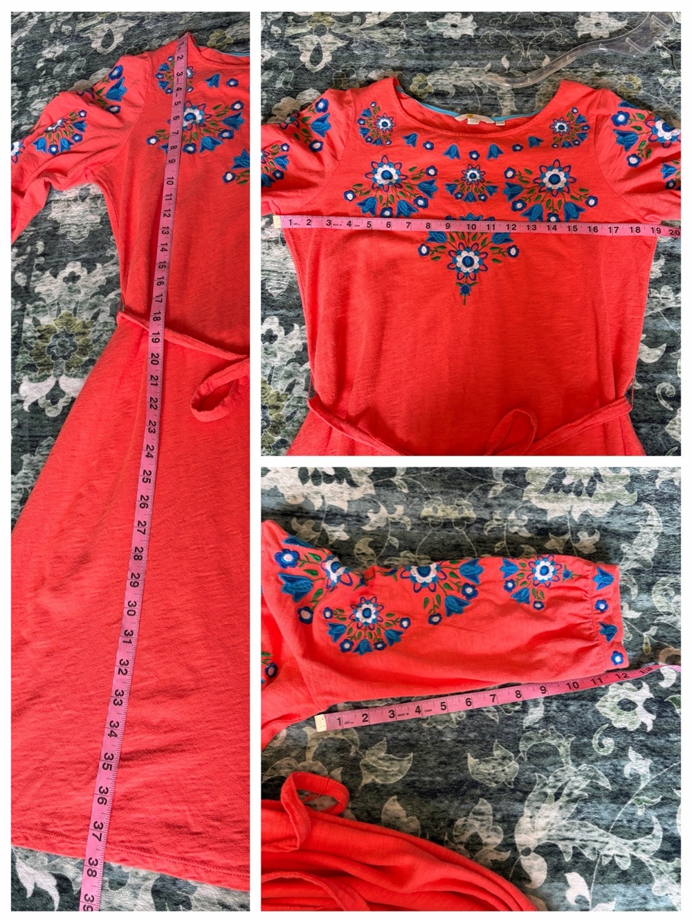 Boden Leyla Floral Embroidered Jersey Slub Cotton Tie Tunic Dress Guava Orange - Picture 5 of 8